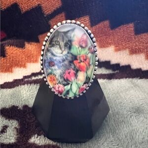❤️ Whimsical Unique Kitty Cat Tulip 🌷 Cabachon 925 Ring 10.3 Gm